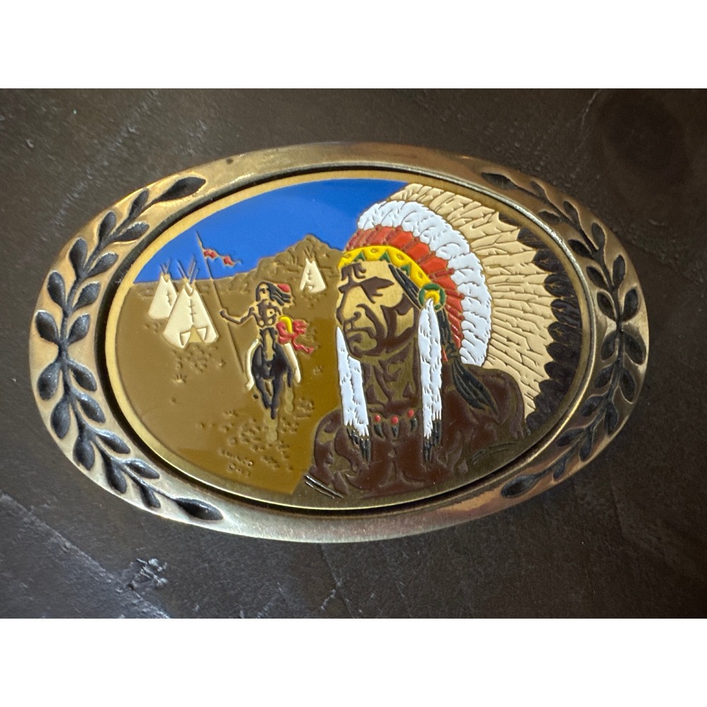Heritage Buckles Vintage Solid Brass Native American Chief Enameled Belt Buckle